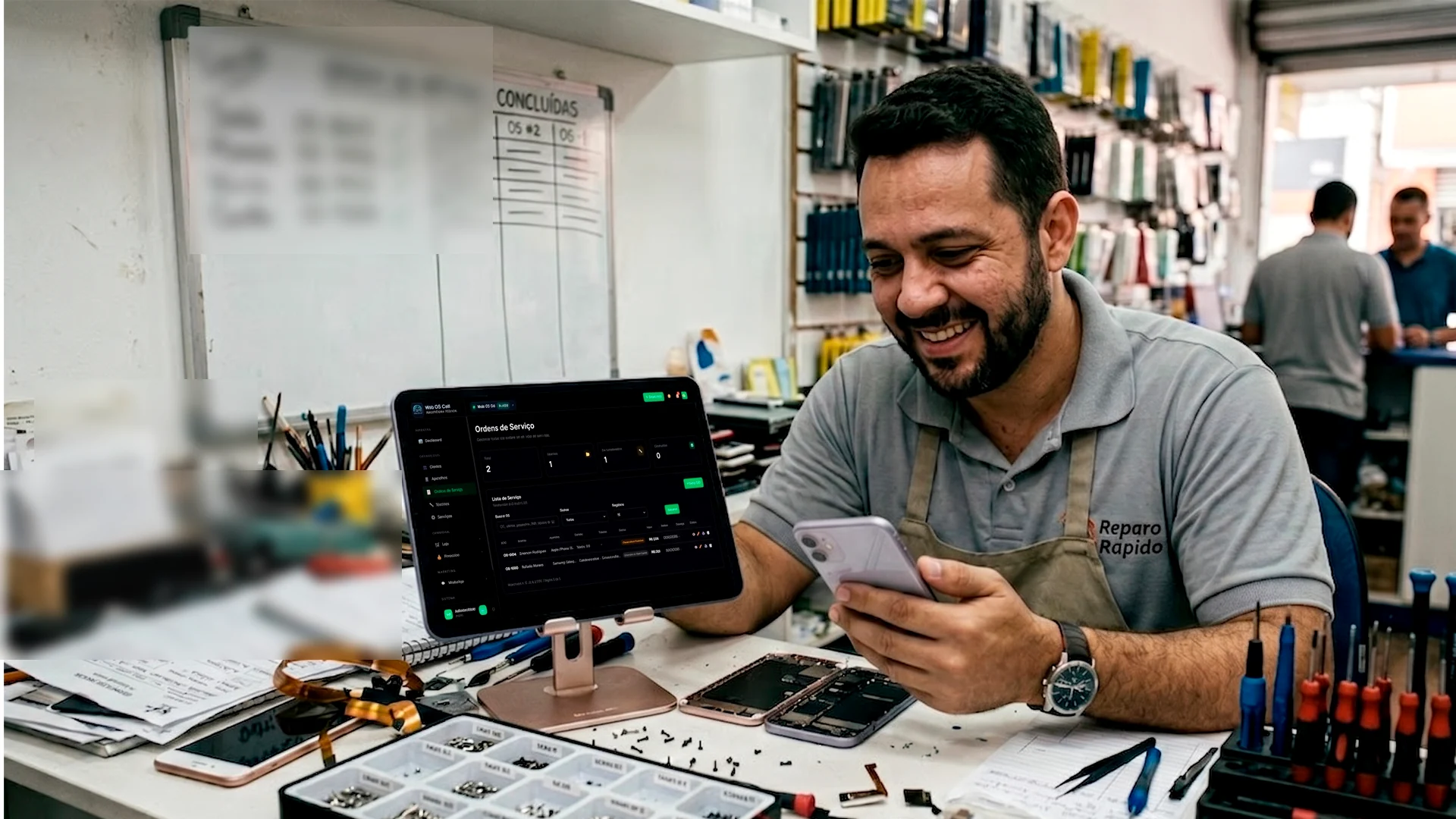 Técnico de celular tranquilo usando o Web OS Cell
