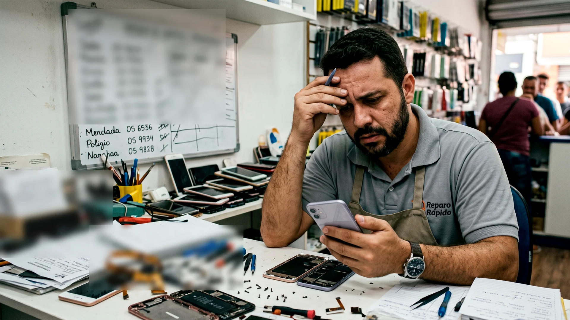 Técnico de celular preocupado por falta de organização na loja